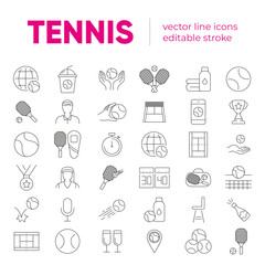 Set of vector line icons and symbols in flat design tennis with elements for mobile concepts and web apps. Collection of tennis stuff, ball, racket, equipment, court, medal, competition infographic.