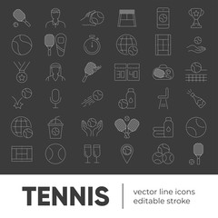 Set of vector line icons and symbols in flat design tennis with elements for mobile concepts and web apps. Collection of tennis stuff, ball, racket, equipment, court, medal, competition infographic.