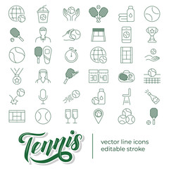 Set of vector line icons and symbols in flat design tennis with elements for mobile concepts and web apps. Collection of tennis stuff, ball, racket, equipment, court, medal, competition infographic.