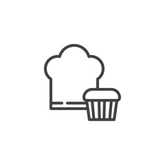 Chef hat and cupcake line icon. linear style sign for mobile concept and web design. Cook hat and muffin outline vector icon. Bakery pastry shop symbol, logo illustration. Vector graphics