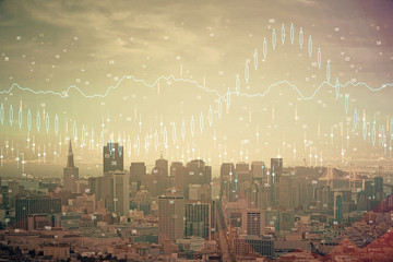 Forex graph on city view with skyscrapers background multi exposure. Financial analysis concept.