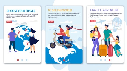 Fototapeta na wymiar Travel Agency Tours, Airline Tickers, Hotel Booking Service Trendy Flat Vector Vertical Slide Web Banners, Landing Pages Set. Female, Male Tourists, Parents with Kids Traveling Together Illustration