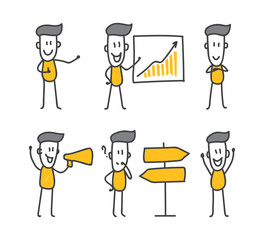 Hand drawn doodle infographics. Influencer in various poses. Man with a megaphone, with a schedule. Successful character before choice. Simple elements for your website, poster or presentation.