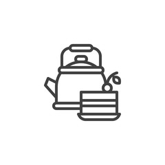 Tea pot and cake line icon. Bakery linear style sign for mobile concept and web design. piece of cake and tea kettle outline vector icon. Tea shop symbol, logo illustration. Vector graphics