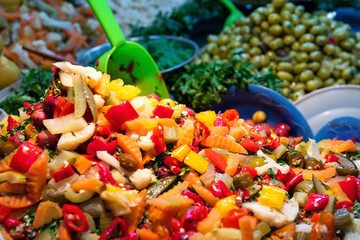 Pickled vegetables at the local market, Fez, Morocco. With selective focus.