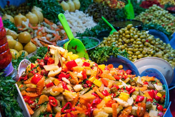Pickled vegetables at the local market, Fez, Morocco. With selective focus.
