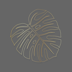 Golden monstera leaf vector pattern on gray background. Collection of tropical leaves, print for logo, clothes, cloth, textile, swimwear, fabric, fashion, paper. Cute and bright summer background.