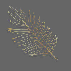 Golden palm leaf vector pattern on gray background. Collection of tropical leaves, print for logo, clothes, cloth, textile, swimwear, fabric, fashion, paper. Cute and bright summer background.