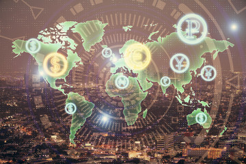 Financial graph on night city scape with tall buildings background double exposure. Analysis concept.