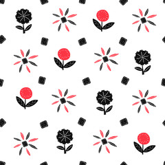 Floral cute seamless pattern on the white background. Scribble backdrop with hearts and flowers. Fabric decorative doodle texture