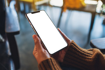 Mockup image of a woman holding black mobile phone with blank desktop screen