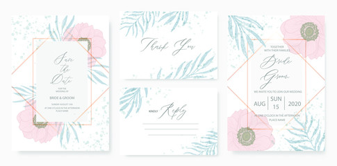 Botanical creamy wedding invitation card template set with green floral decoration.