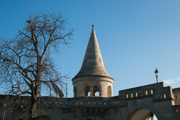 Tower of Fisherman's Bastion (Halaszbastya) on a winter day in Budapest, Hungary