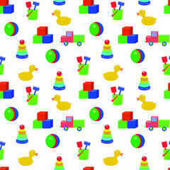 Children's toys in flat style. Seamless vector pattern. Children's toys isolated image on a white background. Seamless baby pattern for decoration, fabric, Wallpaper, packaging