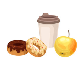 Snack Items for Lunch with Sweet Doughnuts and Coffee Isolated on White Background Vector Composition