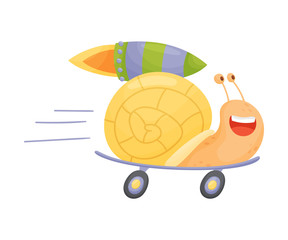 Flying Snail with Rocket Turbine Cartoon Vector Illustrated Character