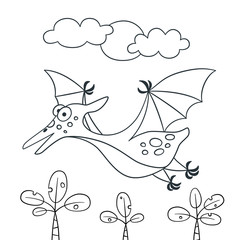 Cute dinosaur. Dino pterodactyl. Vector illustration in doodle and cartoon style for coloring books and prints. Hand drawn. Black and white