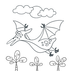 Cute dinosaur. Dino pterodactyl. Vector illustration in doodle and cartoon style for coloring books and prints. Hand drawn. Black and white © Elena Pimukova