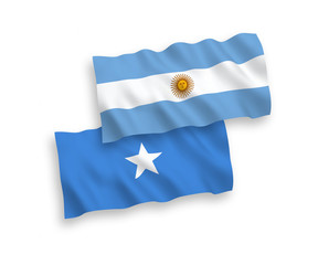 National vector fabric wave flags of Somalia and Argentina isolated on white background. 1 to 2 proportion.