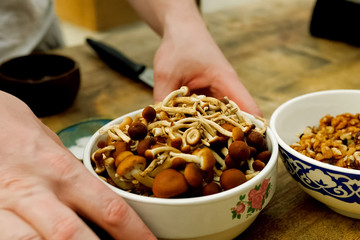 Mushrooms and walnuts, dish ingredients.
