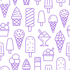 Ice cream background, sweet food seamless pattern. Vanilla icecream, frozen yogurt, popsicle lolly line icons. Summer dessert colorful vector illustration purple white color
