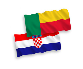 National vector fabric wave flags of Benin and Croatia isolated on white background. 1 to 2 proportion.