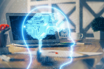 Double exposure of work table with computer and brain sketch hologram. Brainstorming concept.