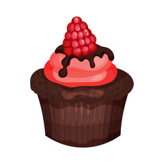 Tasty Sweet Chocolate Cupcake, Delicious Dessert with Cream and Fresh Raspberry Vector Illustration