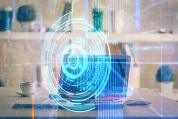 Obraz premium Technology theme drawing and work space with computer. Double exposure. Concept of innovation.