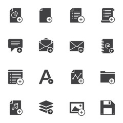 Add UI vector icons set, modern solid symbol collection filled style pictogram pack. Signs logo illustration. Set includes icons as add contact book, mail, file folder, business report, music gallery