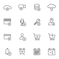 Add basic line icons set. linear style symbols collection, outline signs pack. vector graphics. Set includes icons as data saving, download cloud, set alarm clock, user contact, shopping cart, gallery