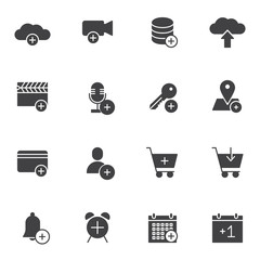 Add basic vector icons set, modern solid symbol collection, filled style pictogram pack. Signs, logo illustration. Set includes icons as data saving, download cloud, set alarm clock, user contact