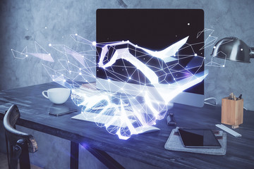 Desktop computer background in office and handshake hologram drawing. Double exposure. Pertnership concept.