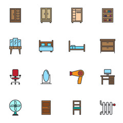 Furniture and home decor filled outline icons set, line vector symbol collection, linear colorful pictogram pack. Signs, logo illustration, Set includes icons as cupboard, wardrobe, bed, mirror, table