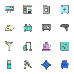 Hotel service filled outline icons set, line vector symbol collection, linear colorful pictogram pack. Signs, logo illustration, Set includes icons as air conditioner, laundry, fridge bar, five stars