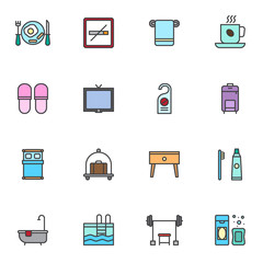 Hotel filled outline icons set, line vector symbol collection, linear colorful pictogram pack. Signs, logo illustration, Set includes icons as breakfast, luggage cart, tv, shower, gym, swimming pool
