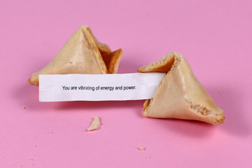 Open fortune cookie with motivational text 'You are vibrating of energy and power' on pink...