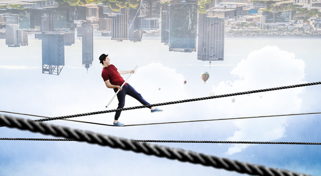 Brave ropewalker on cable. Mixed media