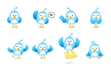 Set of cute bird robot character in many pose