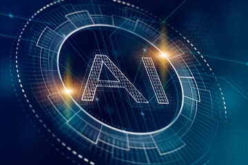 Artificial intelligence and machine learning concept. AI symbol on digital blue futuristic background.