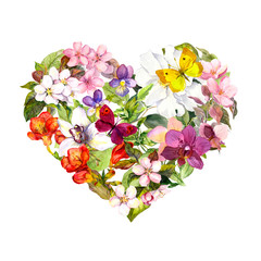 Fototapety  Kwiatowe serce z łąkowymi kwiatami, letnimi motylami i liśćmi. Akwarela