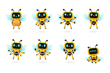 et of cute bee robot ai character in many pose