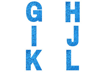 Font Alphabet g, h, i, j, k, l made of trendy blue color house front.