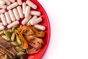Ancient Indian medicine system called Ayurveda and its present place in healthcare concept. Assorted spices with herbal capsules in a red dish on white background