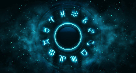 Astrological system with zodiac symbols and particles around. Horoscope background digital illustration. - obrazy, fototapety, plakaty
