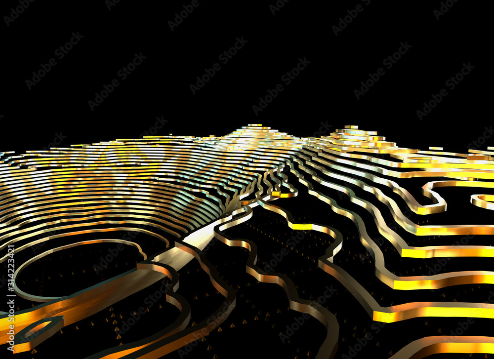 Poster Abstract topographic map 3D background with shiny golden lines in sci-fi technology style. 3D illustration