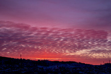 Obraz premium Pink dawn over a small town. City silhouette with a beautiful sunset. Dark winter landscape, outlines of mountain and forest against a background of pink, feather-like clouds. Artistically blurry.