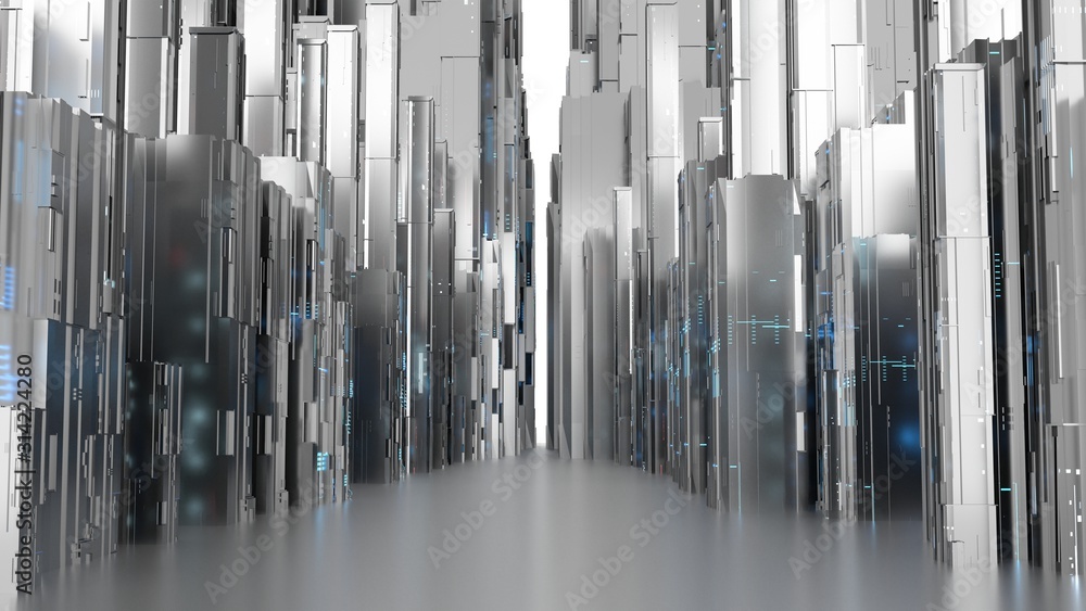 Poster 3d rendering of abstract chromium metallic towers with digital data's glowing led color. concept for
