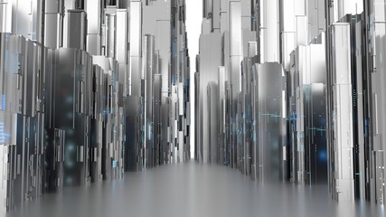 3D Rendering of abstract chromium metallic towers with digital data's glowing led color. Concept for data center, strong room,big data storage, cybernetic laboratory,artificial intelligence background
