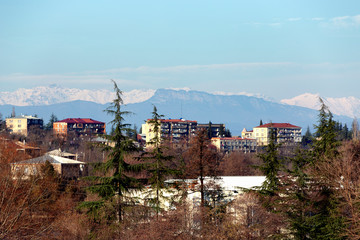 aerial view of the city and mountains